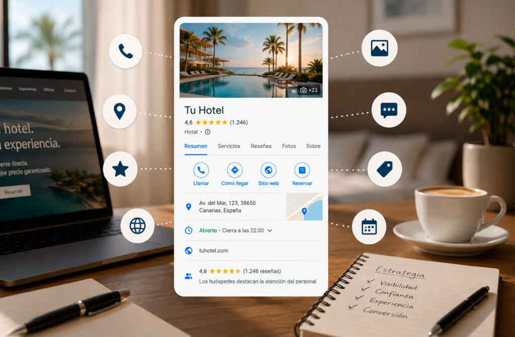 Ficha de Google Business Profile de hotel con 4,6 estrellas, 1.246 reseñas y botón de reserva directa.
